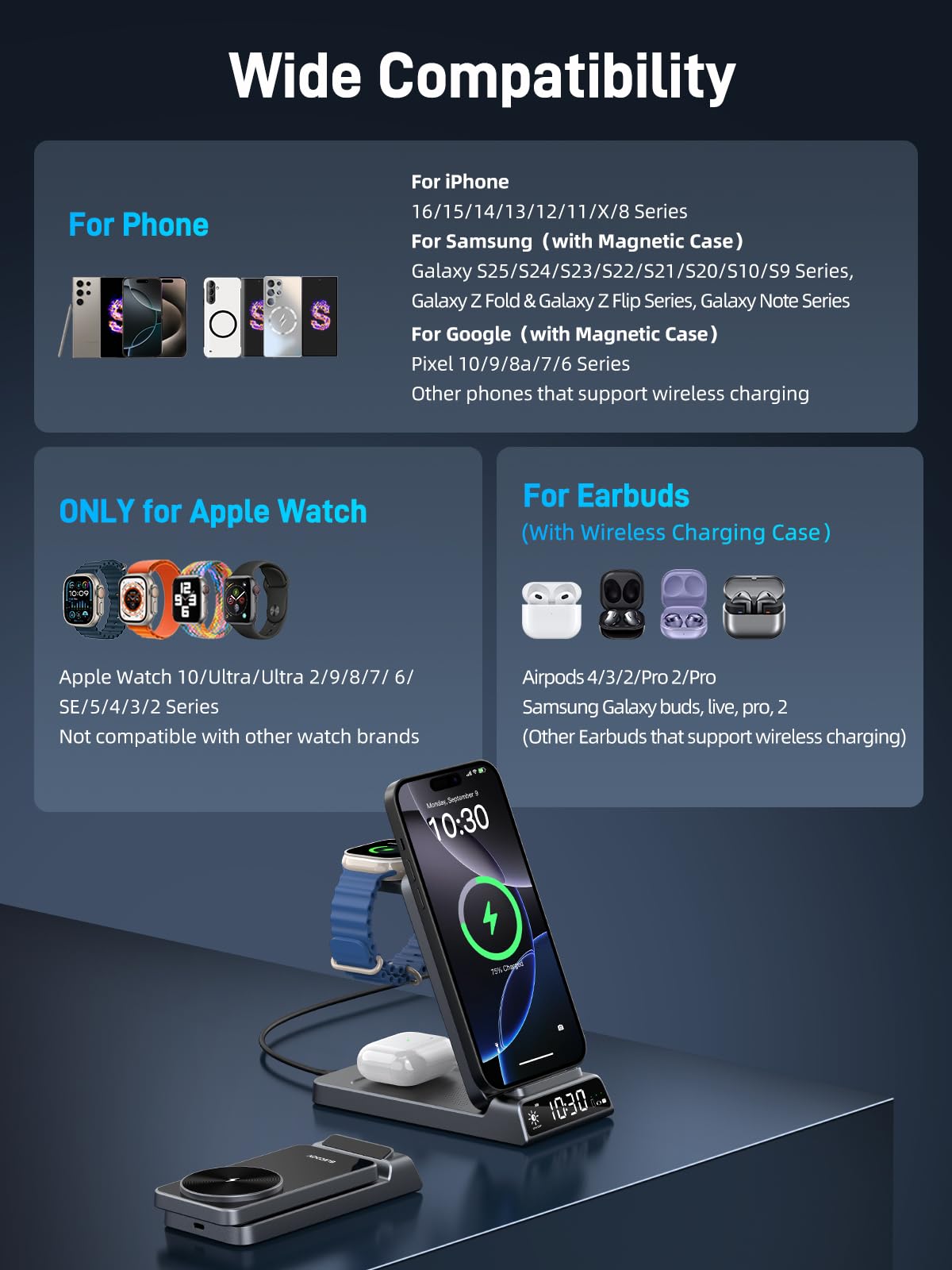 Elecdov Magnetic 3 in 1 Charging Station with Clock for Apple Devices