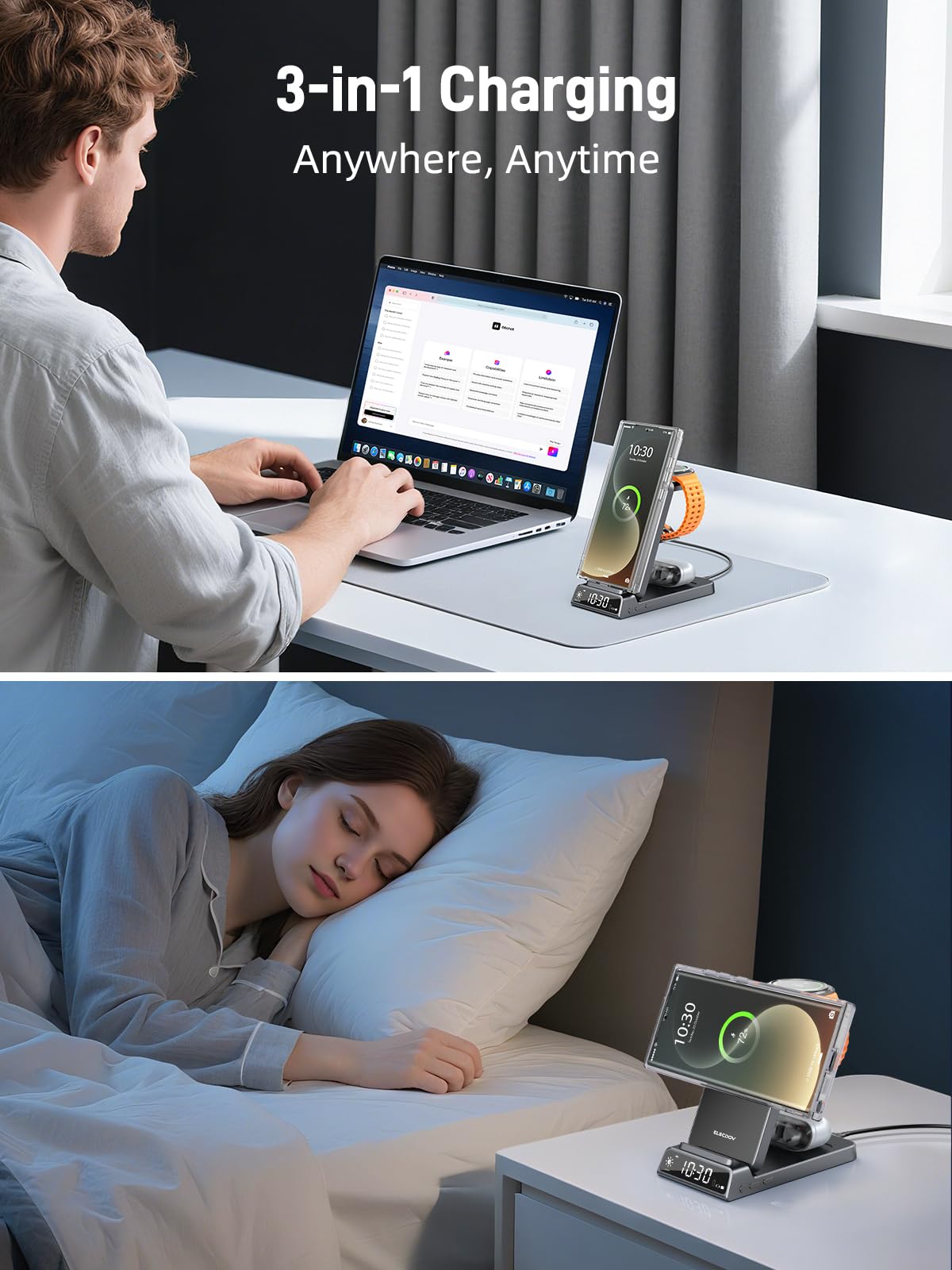Elecdov 3 in 1 Magnetic Clock Wireless Charger for Samsung