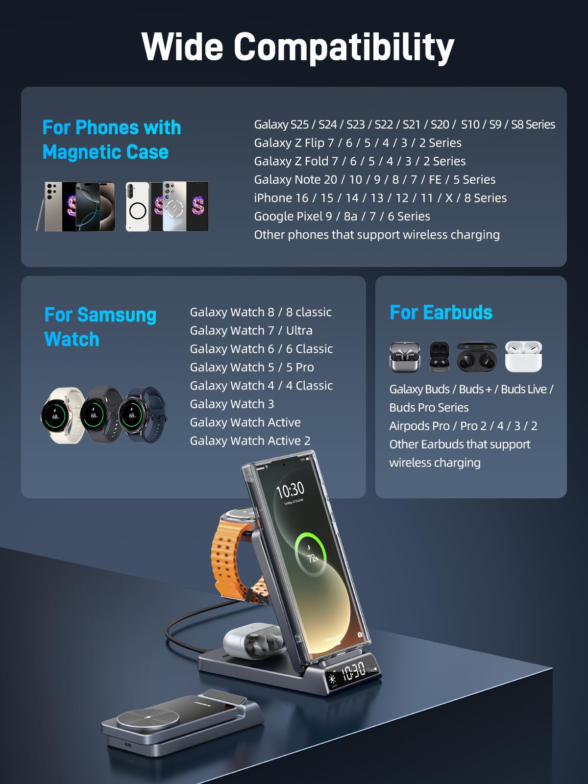 Elecdov 3 in 1 Magnetic Clock Wireless Charger for Samsung