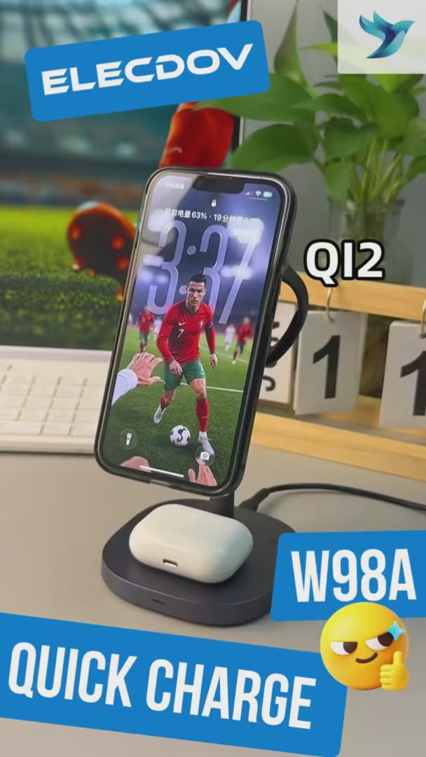 Elecdov W98A 3-in-1 자석식 충전 스테이션 (Apple Qi2 인증 충전기용), 충전기 플러그 포함