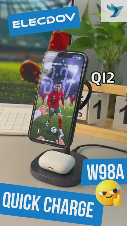 Elecdov W98A 3-in-1 자석식 충전 스테이션 (Apple Qi2 인증 충전기용), 충전기 플러그 포함